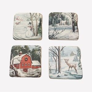 Chad Barrett  Snow Winter Christmas Vintage Stone & Cork Coasters Set Of 4